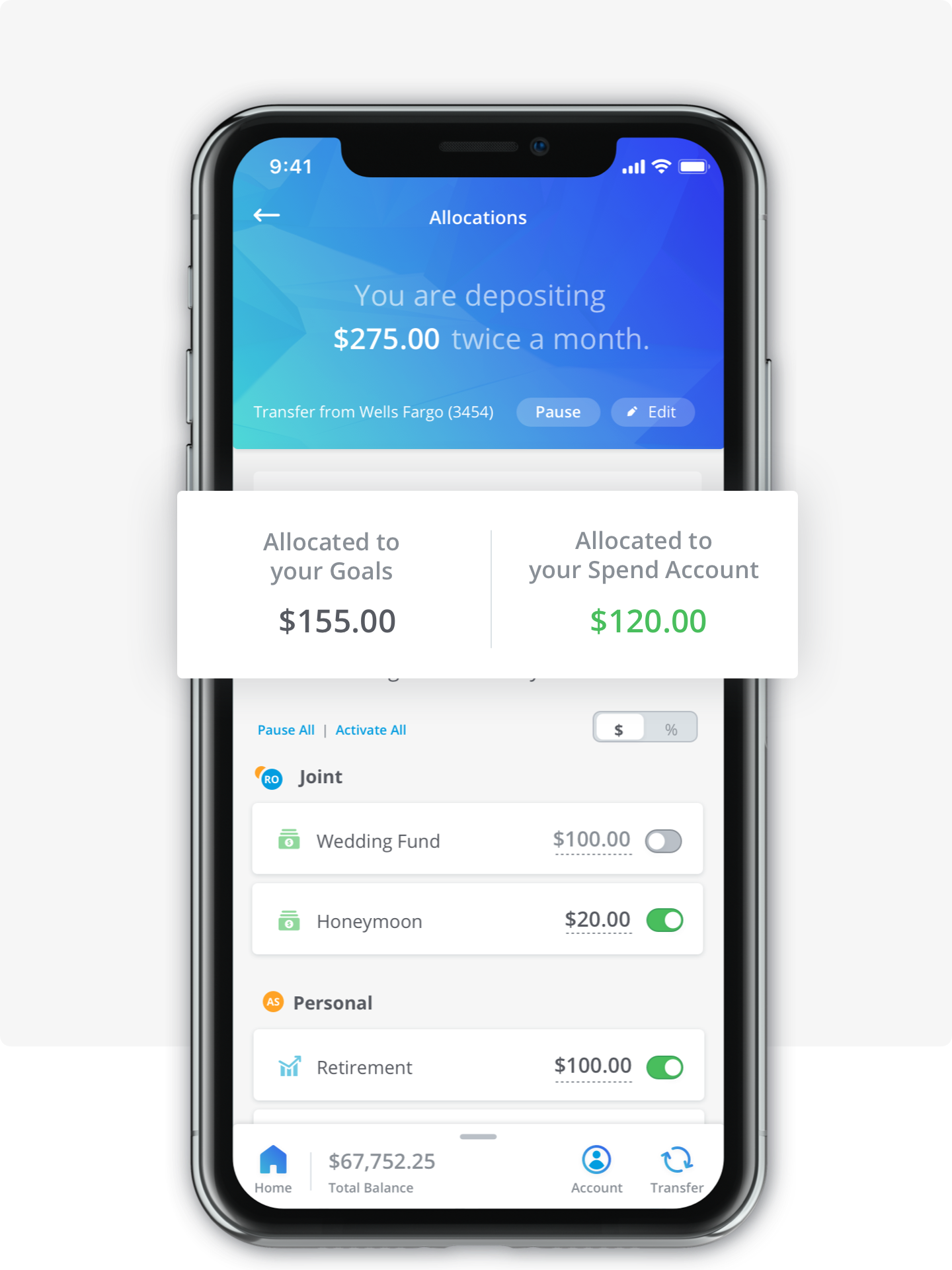 Rize paycheck allocation screen